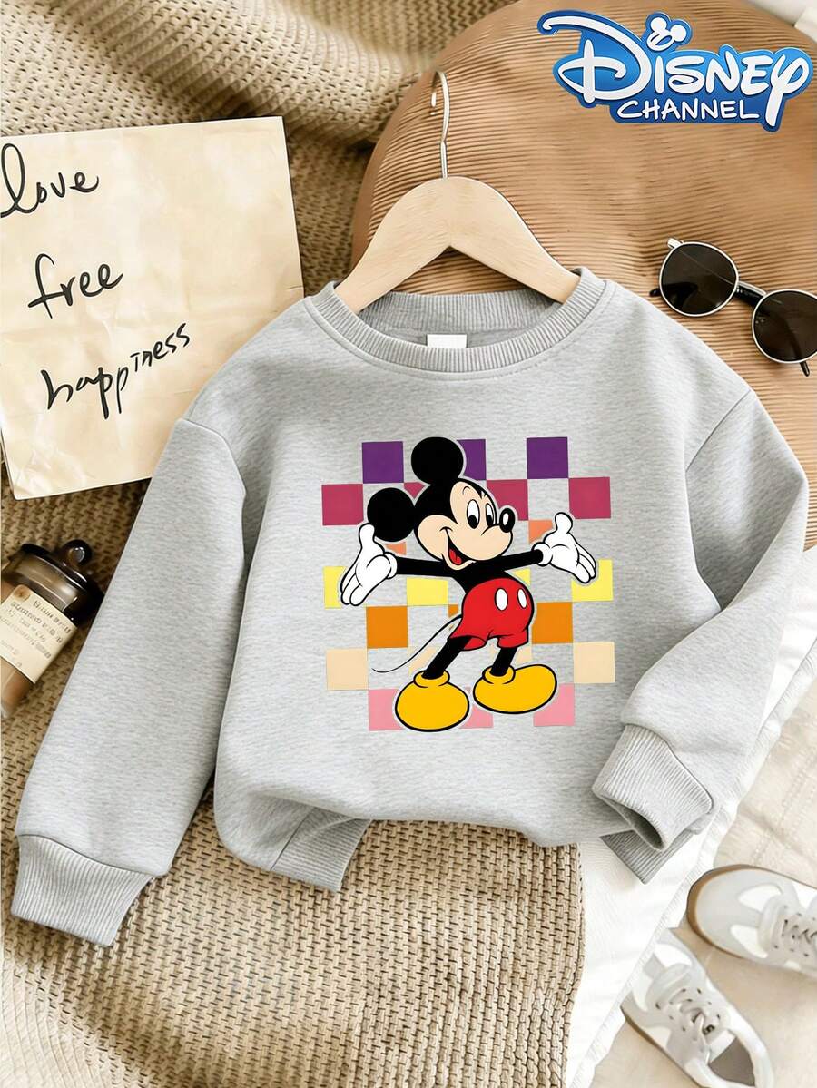 Disney Mickey Mouse Print Hooded Sweatshirt - A Round-Neck, Casual Summer Top Suitable For Both Boys And Girls, Perfect For Holiday Parties, Gatherings, Outdoor Activities, And Everyday Casual Wear. - 灰色 - 查看 1