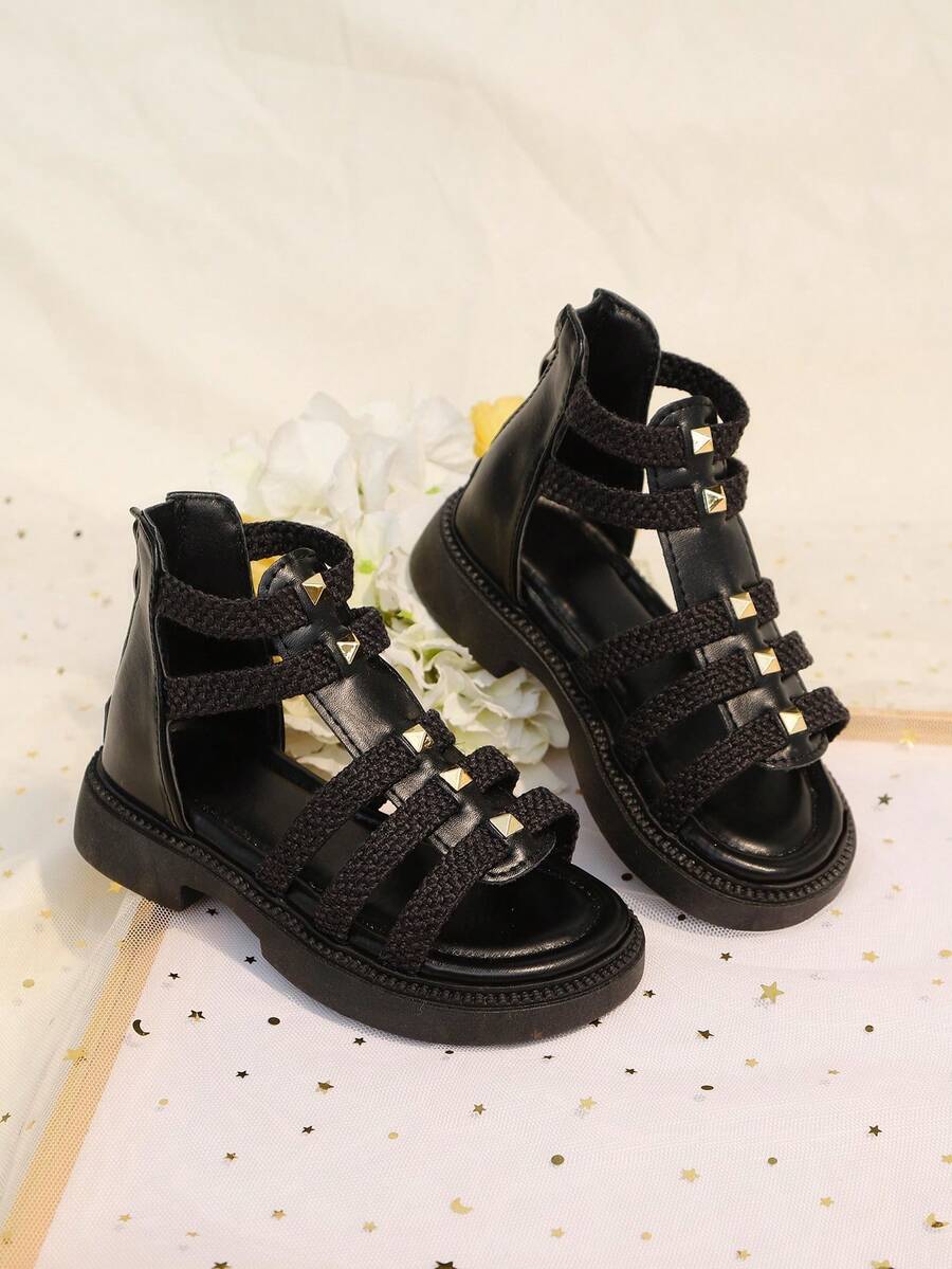 1 Pair Girls' Summer Sandals, Roman Style Sandals, Fashion Sandals, Soft Bottom Princess Sandals, And Comfortable - Black - View 1