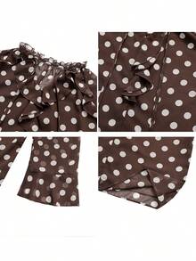 Women's Polka Dot Twist Ruffle Hem Long Sleeve Blouse Spring Vacation - Coffee Brown - View 6