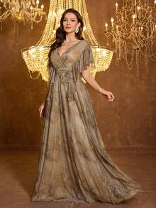 UNITHORSE [Random Print] Women V-Neck Ruffle Sleeve Fitted Backless Mesh Evening Dress - Brown - View 3