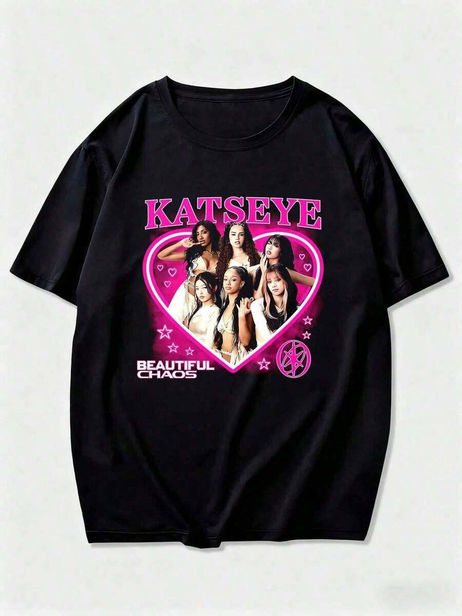 KATSEYE The Beautiful Chaos Graphic,Unisex Short Sleeve GIFT For Fans Graphic Print Design Casual Men's T-Shirt Tee Shirt  For Men - 白色 - 查看 1