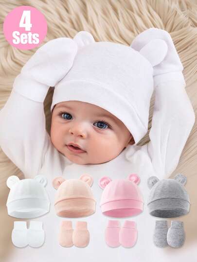 4 Packs Newborn Bear Ear Beanie & Anti-Scratch Mittens Set , Perfect Baby Shower Gift For Expecting Moms, Soft For 0-6M Infants