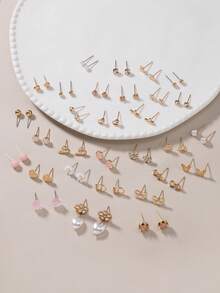 60pcs/Set Fashion Metal Butterfly, Heart, Rhinestone, Moon, Flower Stud Earrings Set, Holiday Gift For Women, Daily Wear - Yellow Gold - View 2