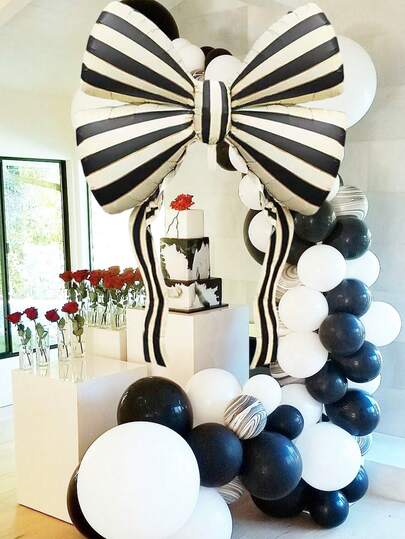 1pc Extra Large 60 Inch Striped Bow Foil Balloon, Black Striped Bow Balloon, For Bow Decor, Birthday, Wedding, Photo Shoot Decor, Birthday Party Decor, Bachelorette Decor, Influencer Outdoor Shoot Decor, Anniversary, Tea Party, Giant Bow Decor Background, Photo Booth