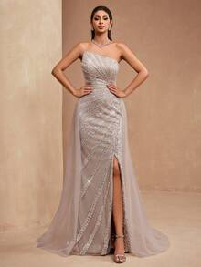 Elisanya AMILUCK Đầm đuôi cá đuôi cá cao cấp sang trọng mới, đính sequin dày, sequin, ren với lớp phủ lưới xuyên thấu - Màu be - Xem 6