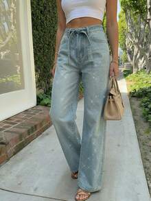 2026 Nuevos Jeans de pierna ancha casuales y holgados con adornos de rhinestone para primavera/otoño - Celeste - Ver 7