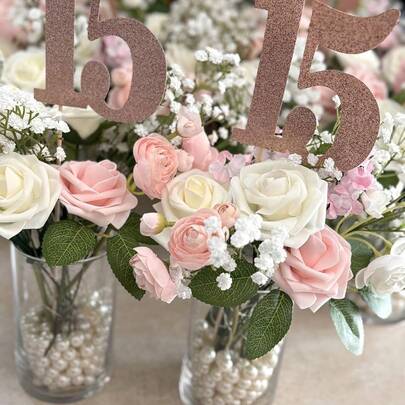 5/10/15/20/25支仿真花，象牙色泡沫假玫瑰，带茎，适用于DIY婚礼花束、白色新娘送礼会中心装饰品、派对餐桌装饰、情人节和母亲节装饰（不含纸盒）