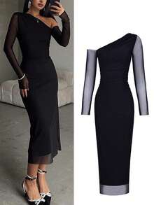 SUNSTORY 不对称领口长袖褶皱网纱连衣裙，展现女性魅力，优雅迷人，适合年轻女士，时尚性感，浪漫妩媚，是下午茶、早午餐等场合的理想之选，黑色中长款连衣裙 - 黑色 - 查看 11