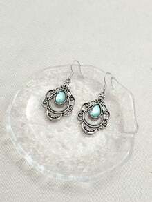 1 Pair Vintage Bohemian Style Green Teardrop Hollow Carved Faux Gem Pendant Earrings, Suitable For Daily, Party, Travel Wear As Jewelry Gift - Antique Silver - View 6