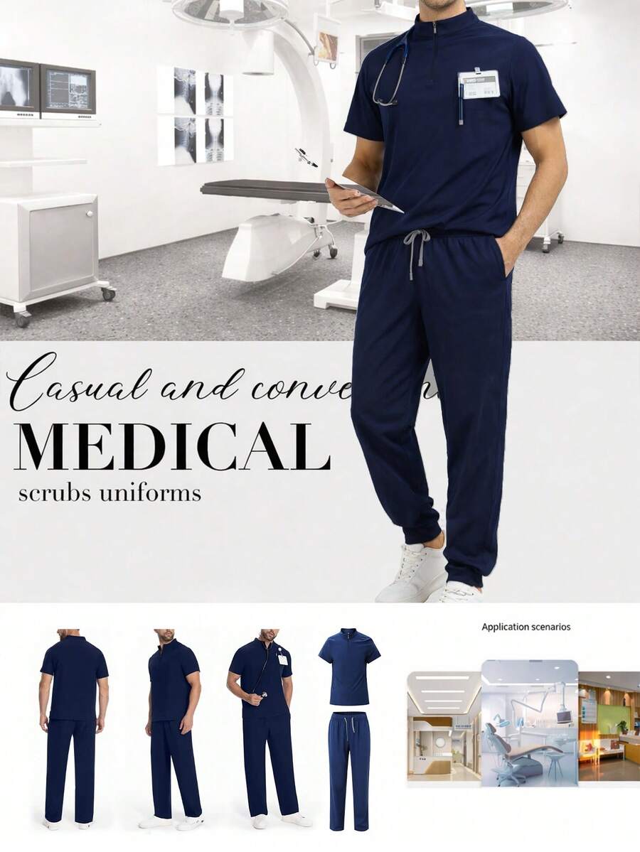 Men's Short Sleeve Nurse/Doctor Uniform Set, Veterinary/Healthcare Worker Outfit - Navy Blue - View 1