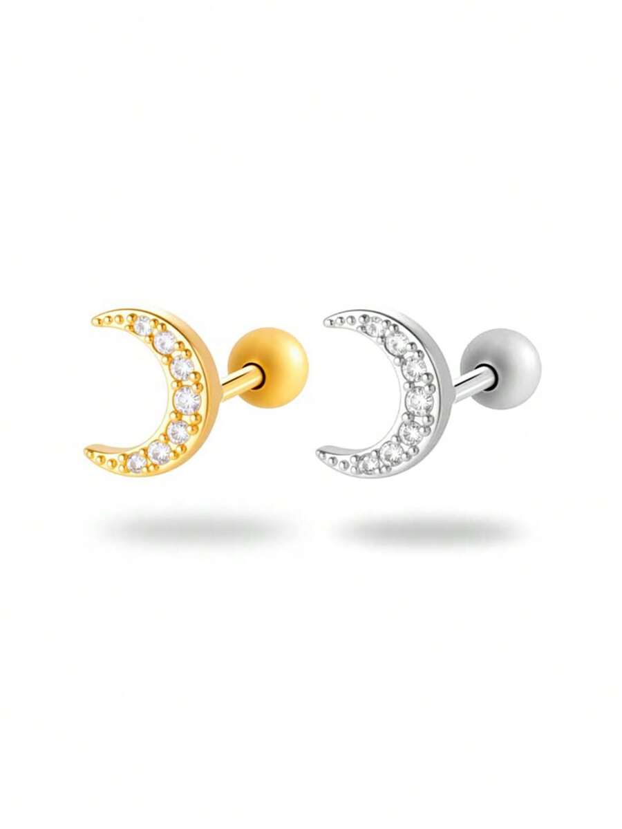 Toppiercing 1件极简主义微镶嵌锆石月亮不锈钢耳骨耳环 - 彩色 - 查看 1