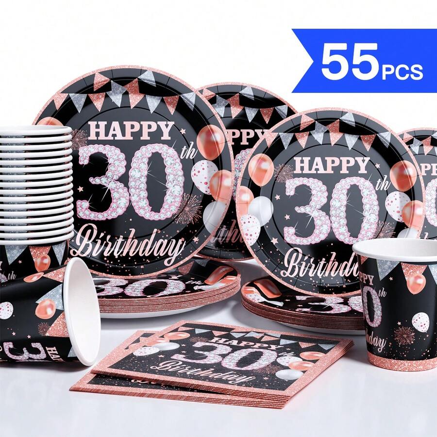 30th Birthday Disposable Tableware Set, Includes Plates, Napkins And Cups, Serves 10 Guests, Lightweight Luxury Disposable Plates, Napkins And Cups For Birthday, Wedding, Party, Family Picnic - Multicolor - View 1