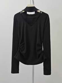 性感V领蕾丝边长袖修身镂空衬衫 - 黑色 - 查看 8