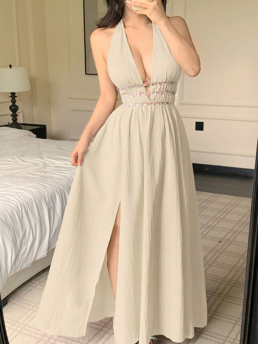 abyoxi 杏色性感深V领露背A字荷叶边下摆休闲长裙，腰部饰有花卉图案，适合度假、海滩、旅行、新年、情人节等场合。 - 杏色 - 查看 1