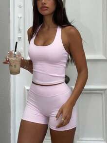 GAOVOT Bộ đồ thể thao nữ 2 mảnh mùa hè gợi cảm gồm áo tank top cổ hở có đệm ngực và quần short cạp cao ôm mông, phù hợp tập thể dục, yoga, gym, màu hồng - Hồng - Xem 8