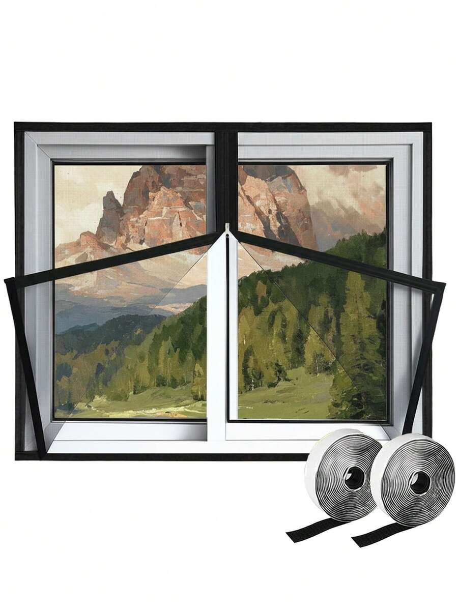 Malla de ventana blanca con apertura con cremallera, protector de pantalla contra insectos removible y lavable de fácil acceso anti-mosquitos - Negro - Ver 1
