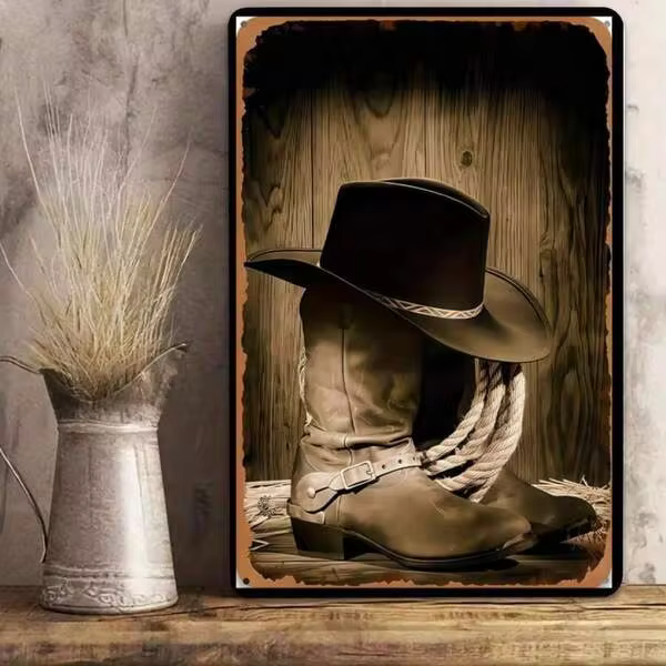 Vintage Cowboy Boot Hat Tin Sign Western Style Tee Men Women Rustic Rodeo Apparel Country Music Concert Outfit Tin Sign Sleeve Cowboy Cowgirl Gifts Iron Artwork Tinplate Decor Wall Art Home Decor
