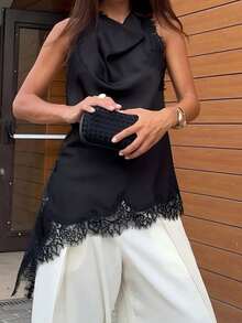 Camellia Summer New Arrival Women's Fashion Sexy Halter Neck Lace Blouse - Black 1 - View 2