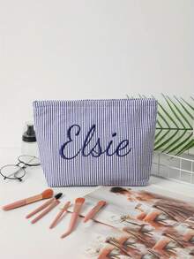 Customized Vertical Striped Makeup Bag, Can Add Personalized Text Design, Lightweight Foldable Cosmetic Storage Pouch, Can Add Name, Toiletry Bag, Multifunctional Makeup Bag Suitable For Travel And Daily Use, Ideal For Commuting, School, Party, Wedding, Great Gift Idea - Multicolor - View 3