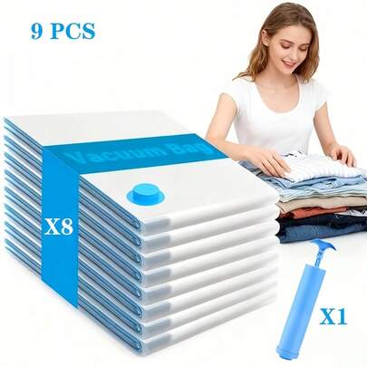 9-Piece Travel Storage Set – 8 Vacuum Compression Bags + 1 Travel Hand Pump – Thick-Walled Vacuum Storage Bags, Blue-Rimmed Transparent Viewable Garment Storage Bags – Vacuum Dustproof Bags, Garment Preservation Bags. Perfect For Storing Clothes In Backpacks, Suitcases, Drawers, And Wardrobes, Saving Space, And Facilitating Categorization. Ideal For Travel And Business Trips. A Must-Have Storage Tool.
