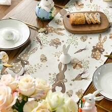 1 pieza Camino de mesa de Pascua, diseño de conejo, eucalipto, zanahoria y huevo, de textura de lino, decoración de primavera para la cocina, decoración para fiesta al aire libre, adecuado para decoración del hogar, mesa familiar - Marrón - Ver 6
