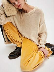 Women Elastic Drawstring Low Waist Cinched Ankle Fleece Long Pants With Pockets Y2k Going Out Vintage Velvet Bloomers - 黃色 - 查看 2