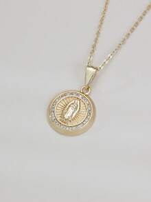1pc Gold-Plated Cubic Zirconia Round Virgin Mary Pendant, Suitable For Men And Women, Vintage Elegant Fashion, Suitable For Casual Wear - Gold - View 3