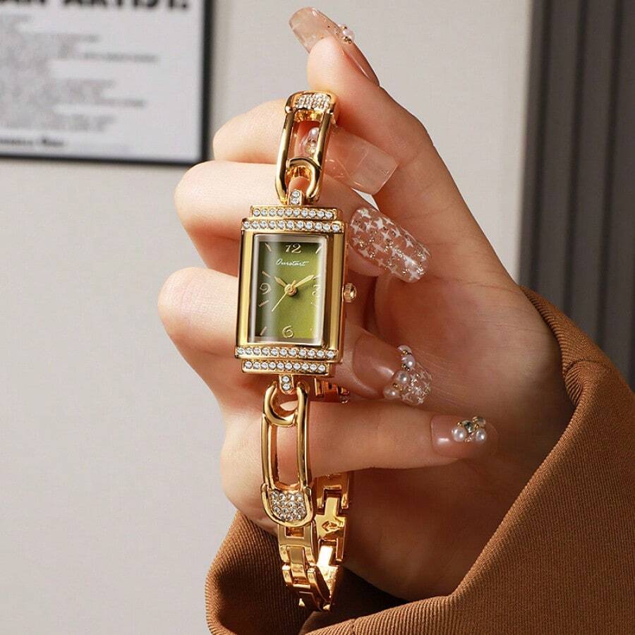 Women's Crystal Rhinestone Bracelet Watch With Chain Strap - Fashion Square Dial Quartz Watch, Avocado Green & Mother Of Pearl - 酪梨綠 - 查看 1