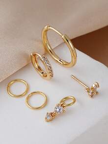 6Pcs Gold Earring Set For Multiple Piercings – Butterfly & Cubic Zirconia Hoops For Daily & Party Wear - Yellow Gold - View 2