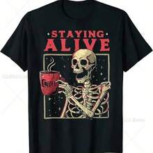 Staying Alive Skeleton Drink Coffee Funny Skeleton Skull T-Shirt Graphic T Shirts - 黑色 - 查看 1