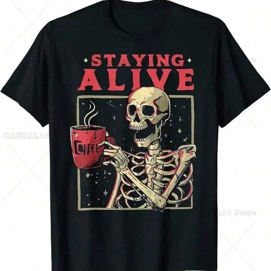 Staying Alive Skeleton Drink Coffee Funny Skeleton Skull T-Shirt Graphic T Shirts - 黑色 - 查看 1