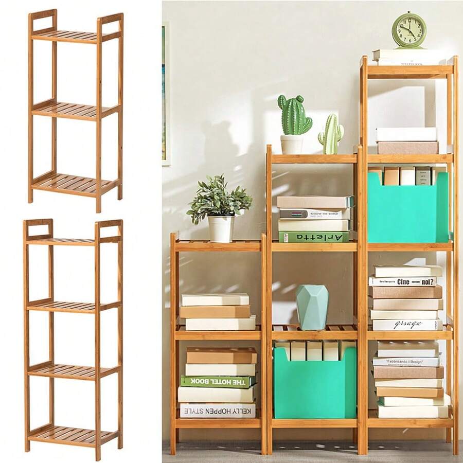 LIVINGANDHOME 3/4/5 Tiers Sturdy Bamboo Wood Book Storage Shelf Rack,Solid Wood Standard Bookcase, Freestanding Home Storage Display Furniture,Wood Pland Stand,Flower Stand Flower Holder,Slatted Design Multi Use Home Display Rack Multi-Functional Stoage Rack Shelf For Living Room,Bedroom,Bathroom,Kitchen,Office - Brown - View 1