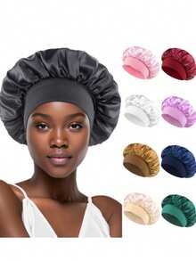 2pcs/1pc Silk Sleep Cap, Satin Hair Cap, Women Wide Brim High Elasticity Cap, Charmeuse Sleep Cap, High-End Satin Hair Care Cap, Curly Hair Silk Headband (Black & Gold) - Black - View 3