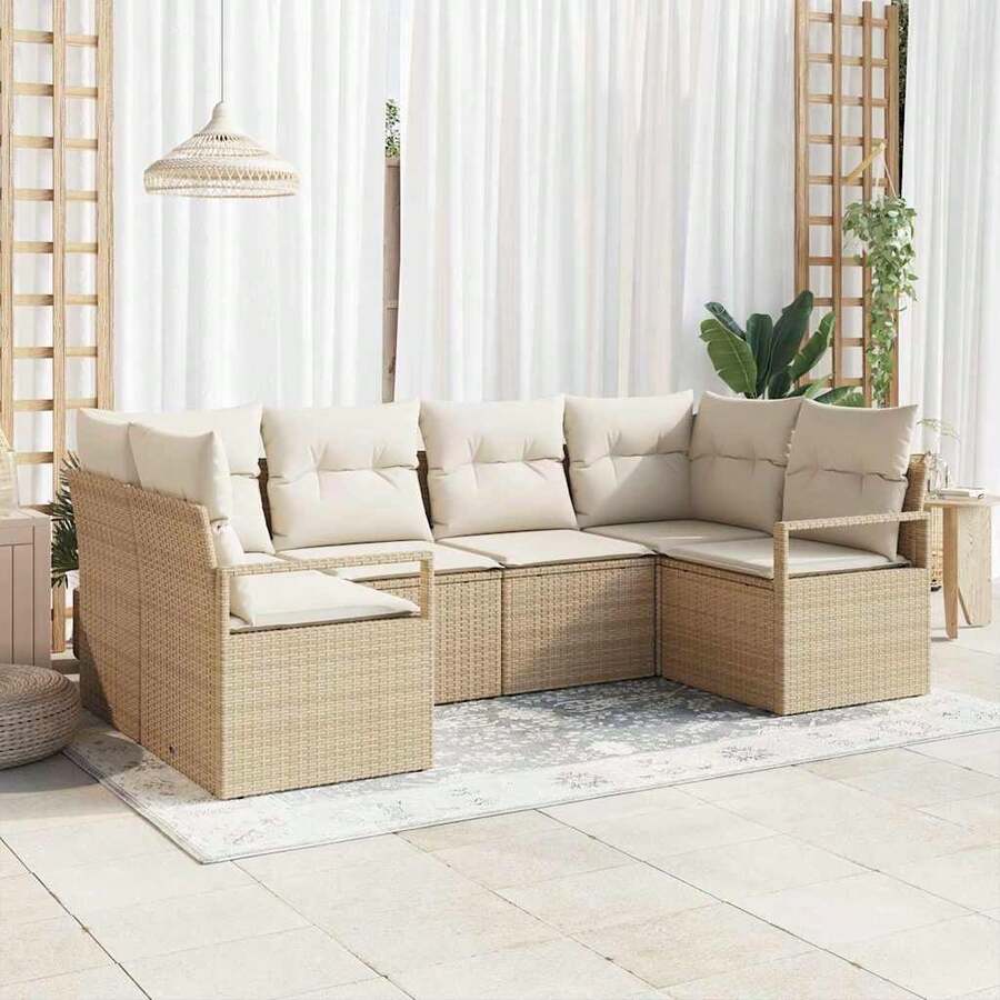 vidaXL 6-Teiliges Garten-Sofa-Set Mit Kissen, Beige Und Weiß, Poly-Rattan - Beige - Visualizzare 1