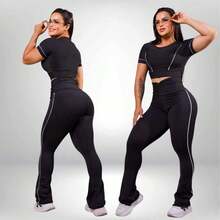 Conjunto Academia Feminino Top e Calça Legging Flare Bailarina Cintura Alta Suplex Roupa de Academia - Preto - Visão 2