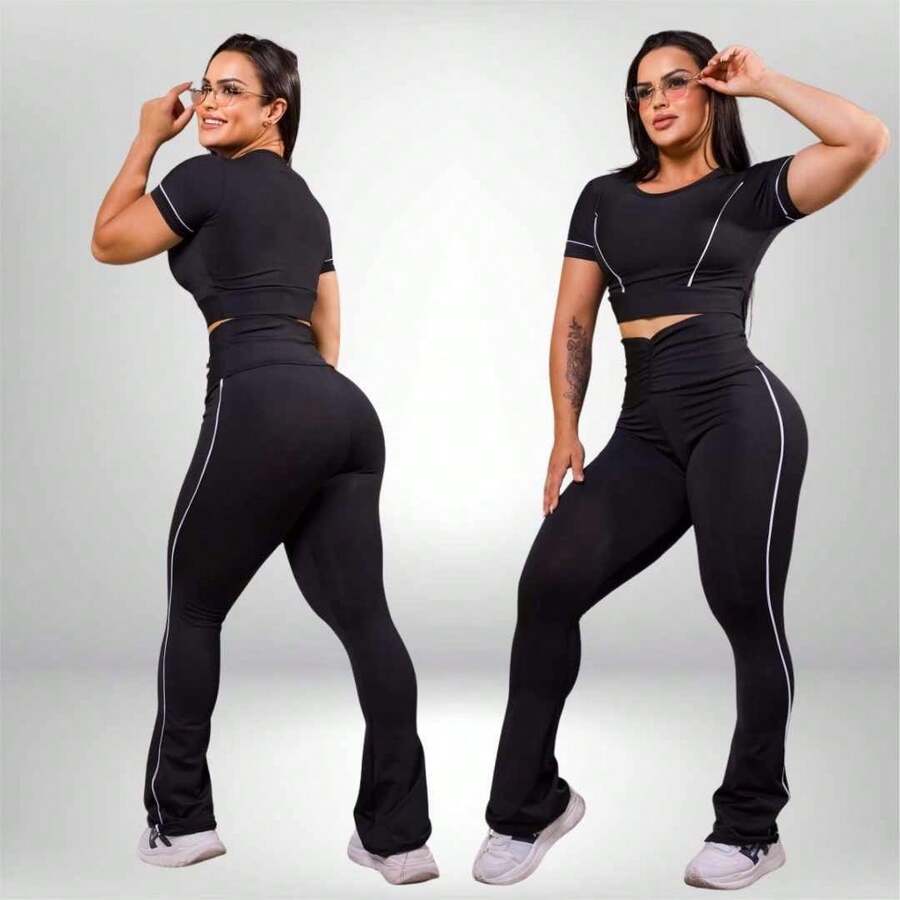 Conjunto Academia Feminino Top e Calça Legging Flare Bailarina Cintura Alta Suplex Roupa de Academia