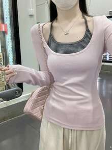 极简性感方领拼接仿两件式长袖打底衫 - 粉色 - 查看 4