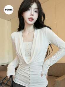 两件套性感铆钉露脐上衣和长袖紧身连衣裙套装 白色 春季 - 白色 - 查看 7