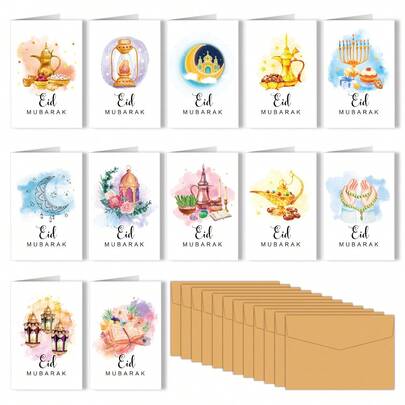 Bộ 12 thiệp chúc mừng Eid Mubarak vẽ màu nước kèm phong bì, thiệp Ramadan Hồi giáo, thiệp trắng nhiều màu sắc để chúc mừng ngày lễ Eid Ramadan, hoàn hảo cho bạn bè và gia đình.