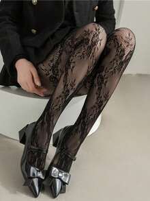 1 Pair Women's High-End French Retro Lace Rose Patterned Pantyhose, High Elasticity Skinny Tights, Sheer Hollow-Out Design For Slimming - 彩色 - 查看 8