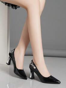 Zapatos de tacón alto de unicolor cómodos y versátiles con hebilla decorativa para mujer, adecuados para todas las estaciones, regalo del Día de la Madre - Negro - Ver 4