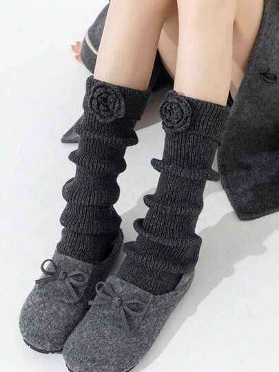 1 Pair Of 3D Floral-Decorated Leg Warmers, Thick Slouch Stockings, Women's Stockings