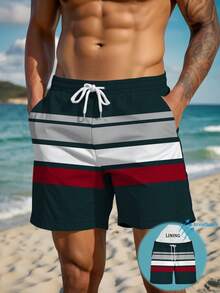 Pantalones cortos de verano para hombres con estampado impreso, cintura con cordón, bolsillo en diagonal, secado rápido de doble capa con forro de malla, de color contrastante con estampado artístico 3D, traje de baño casual y de playa de moda para vacaciones - Multicolor - Ver 2