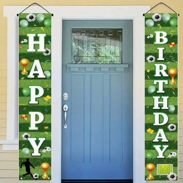 1 Pair Of Birthday Couplets, Background Design With Green Grass And "Happy Birthday" Text, High-Definition Printing On Polyester Fabric, Suitable For Birthday Parties, Courtyards, Home Decoration And Photo Shoot Decoration Supplies