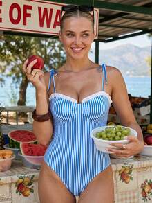 Athletic One Piece Swimsuit Sleeveless Striped Women's Bathing Suit Monokini Swimsuit - 藍色 - 查看 4