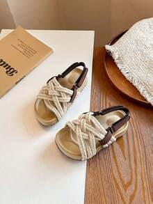 1 Par de Sandálias Infantis Retrô de Corda Trançada para o Verão, Sapatos de Praia para Meninos/Meninas com e Solas Macias Antiderrapantes - Bege - Visão 1