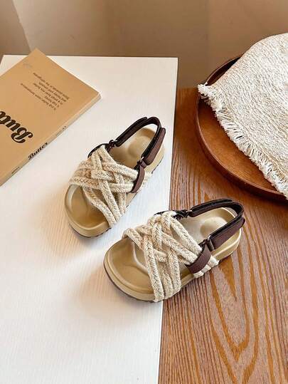 1 Pair Summer Retro Kids Woven Rope Sandals, Boys/Girls Outdoor Beach Shoes With Hook And Loop Non-Slip Soft Soles