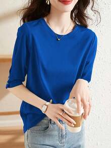 纽扣设计休闲中袖上衣，新款夏季时尚百搭圆领七分袖T恤，女士修身款 - 藍色 - 查看 3