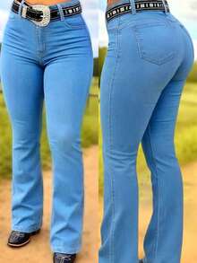Women's Plain Flare Country Jeans, Premium Line, Butt-Shaping, High Waist, Rodeo, Horseback Riding, Cattle Drive, West - Clara-Lisa - Xem 1