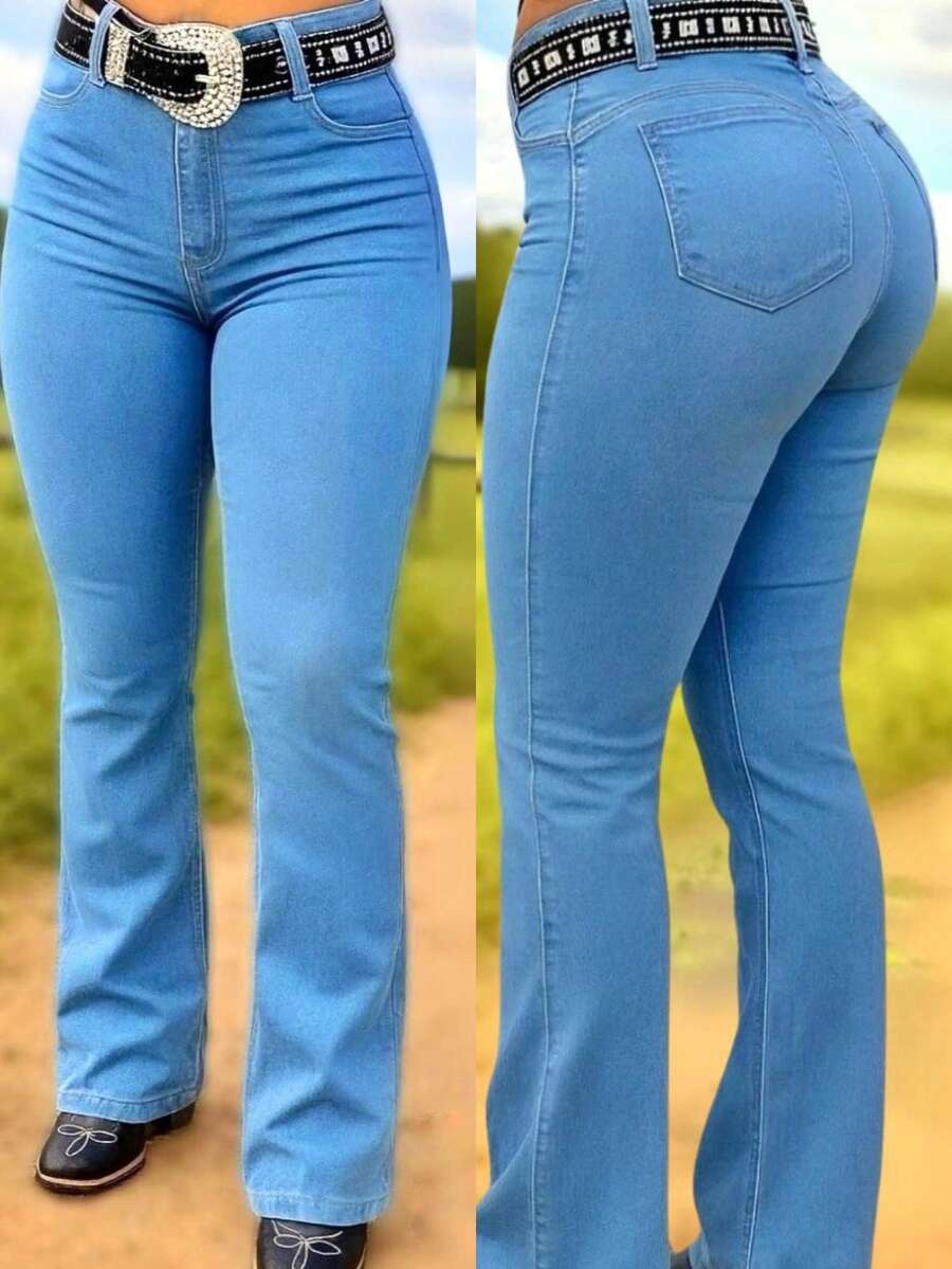 Women's Plain Flare Country Jeans, Premium Line, Butt-Shaping, High Waist, Rodeo, Horseback Riding, Cattle Drive, West - Clara-lisa - View 1
